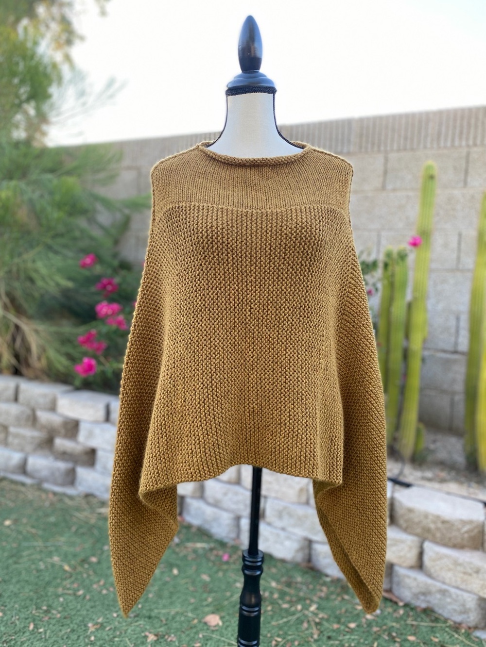Hand knit roll neck soft wool mustard asymmetrical fall poncho sweater